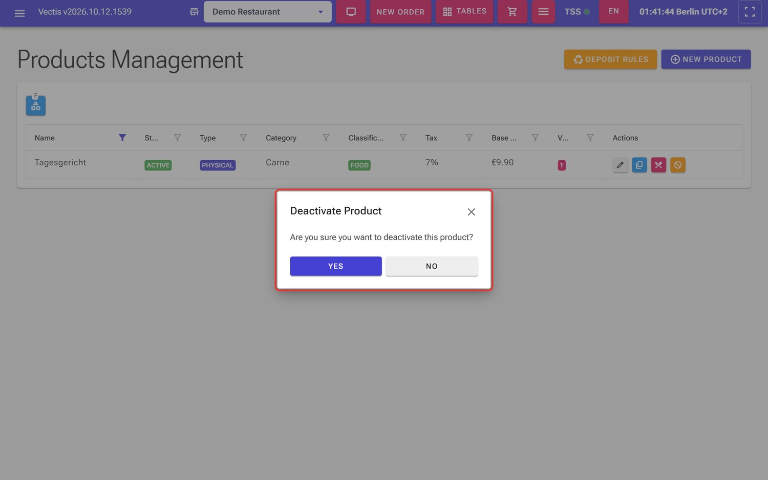 Deactivate Product confirmation for the Tagesgericht with Yes and No