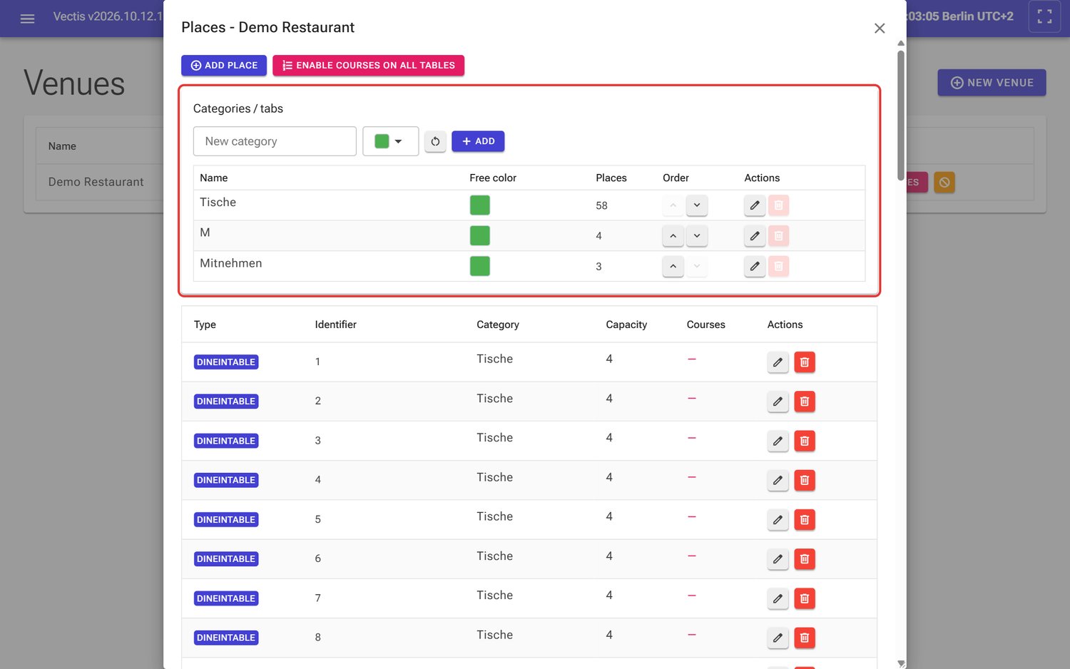 «Places - Demo Restaurant» dialog with the «Categories / tabs» block (outlined in red)