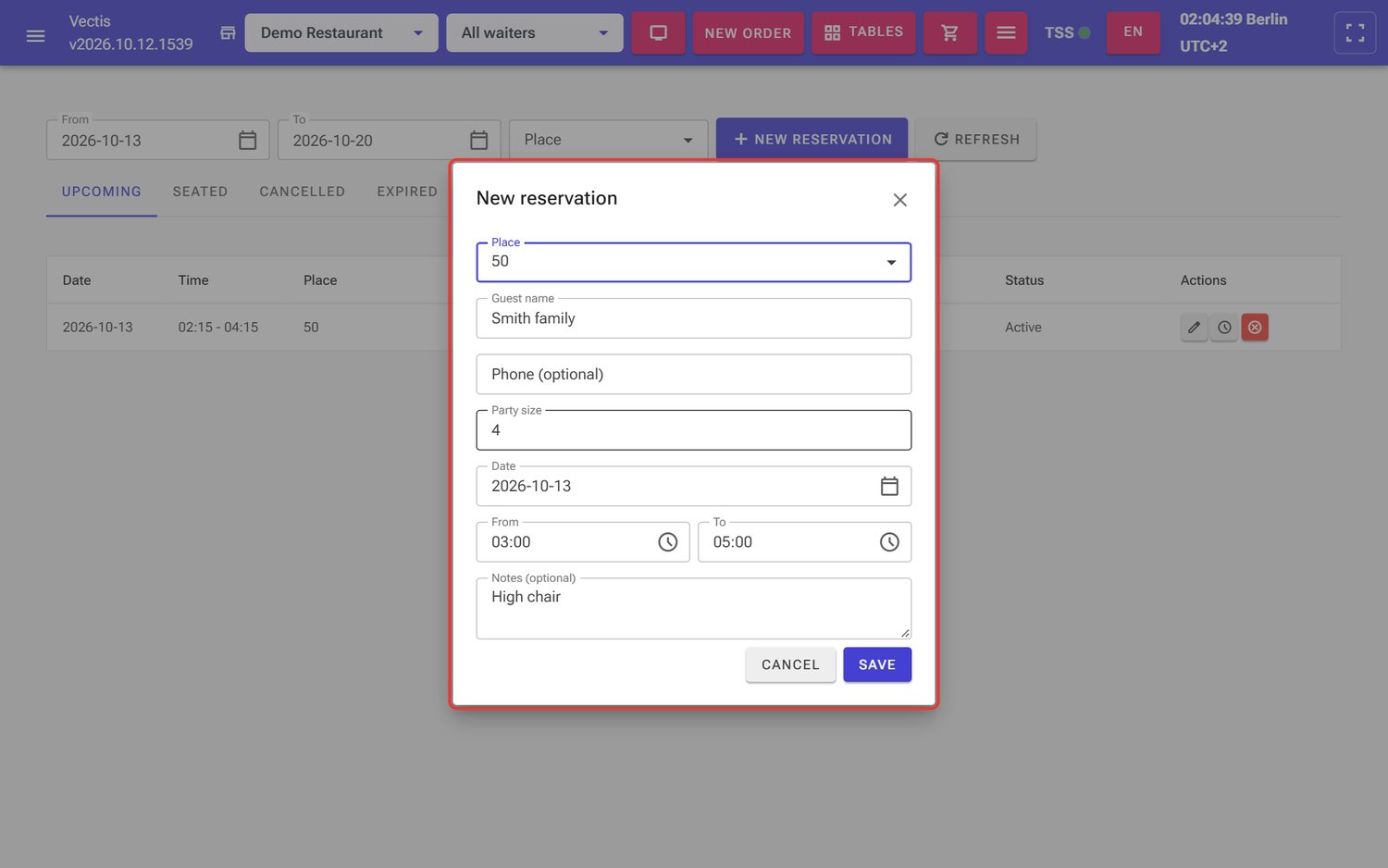 «New reservation» dialog filled in for Familie Weber