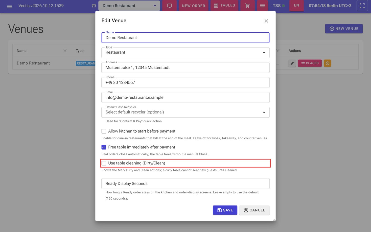«Edit Venue» dialog, table-cleaning option outlined in red