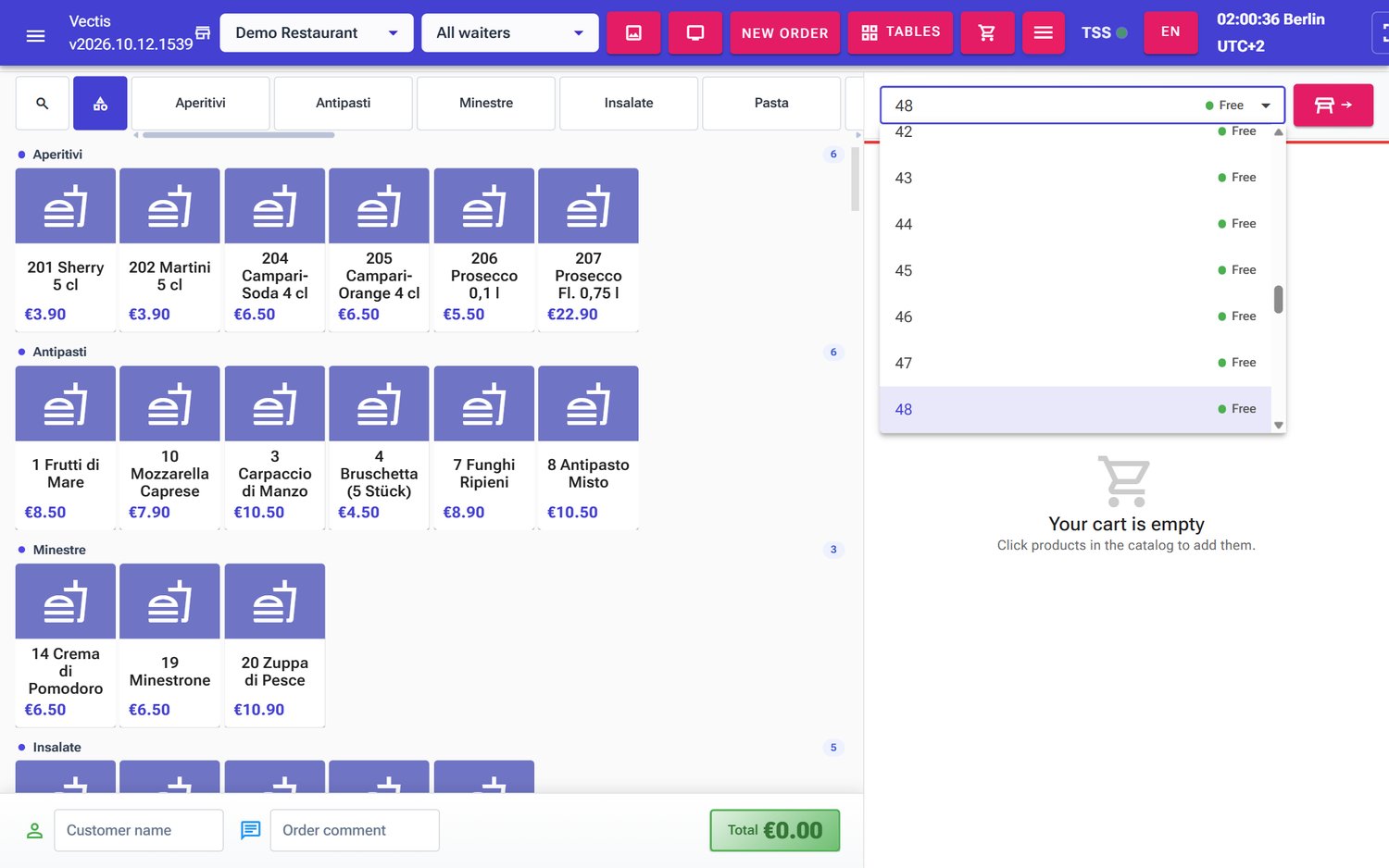 Order screen with the place list open, table 47 selected