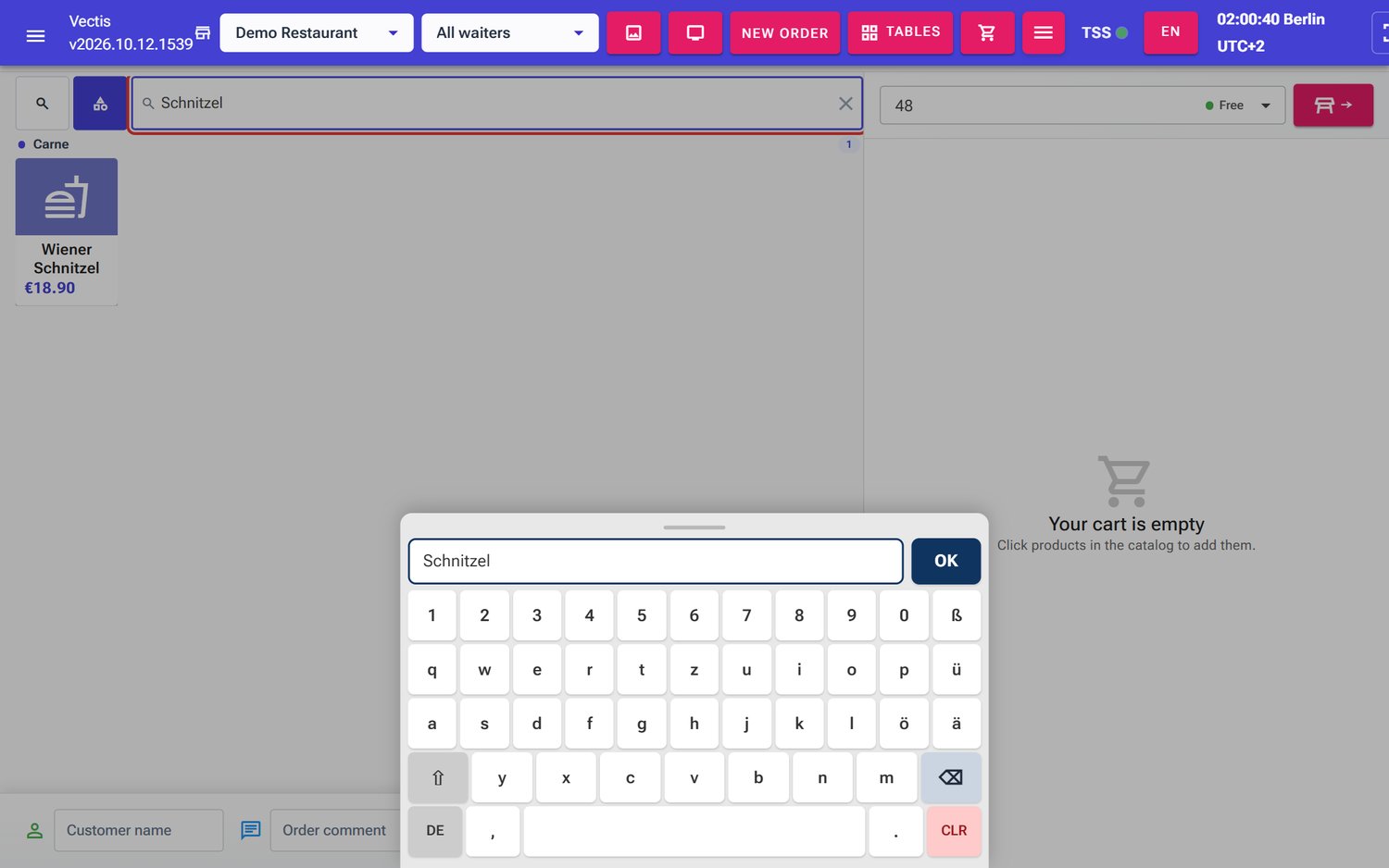 Search for «Schnitzel» with the on-screen keyboard; result «Wiener Schnitzel» in «Carne»