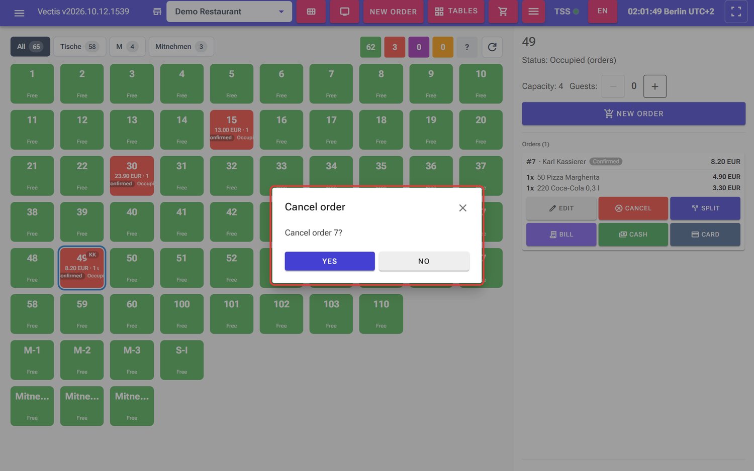 Question «Cancel order 7?» with «Yes» and «No»
