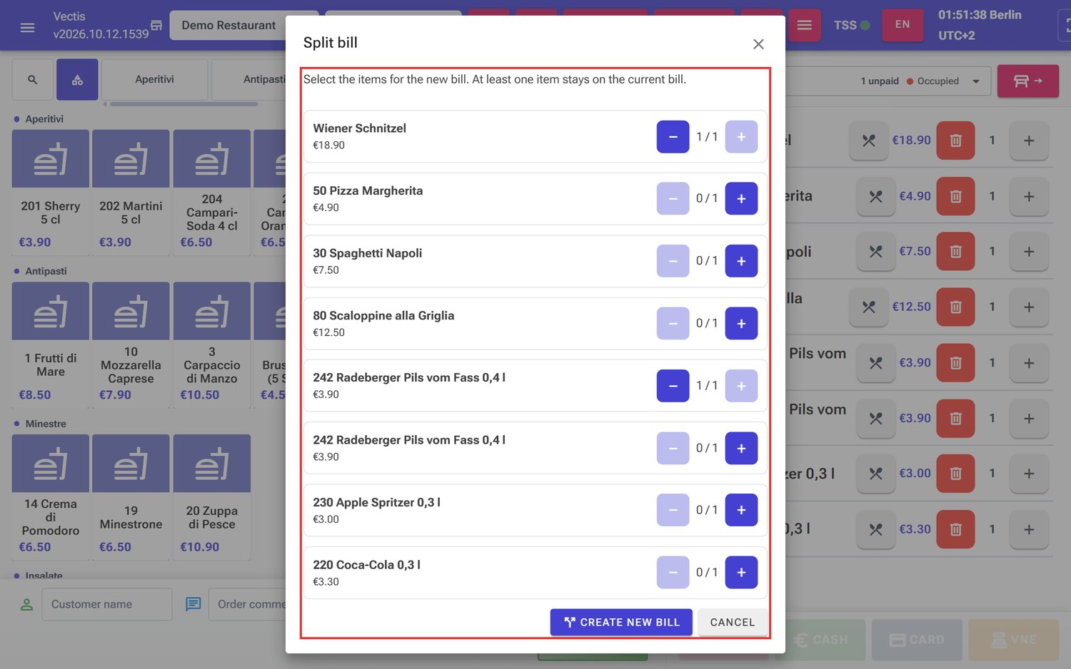 «Split bill» dialog: «Wiener Schnitzel» and one Pils go to the new bill
