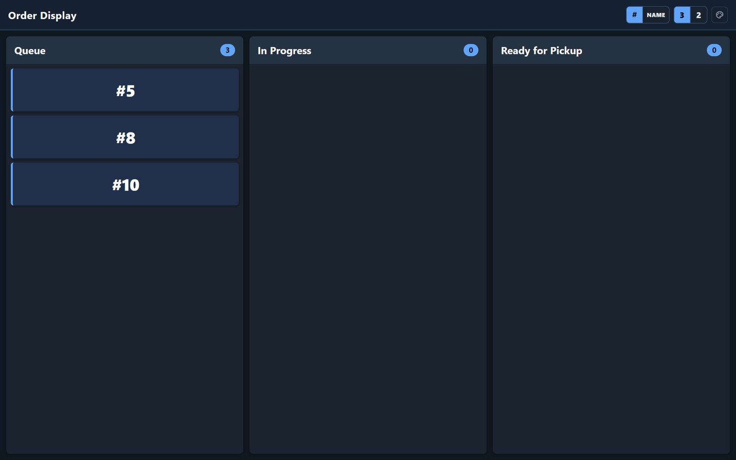 Order display with numbers #5, #8 and #10 in the queue