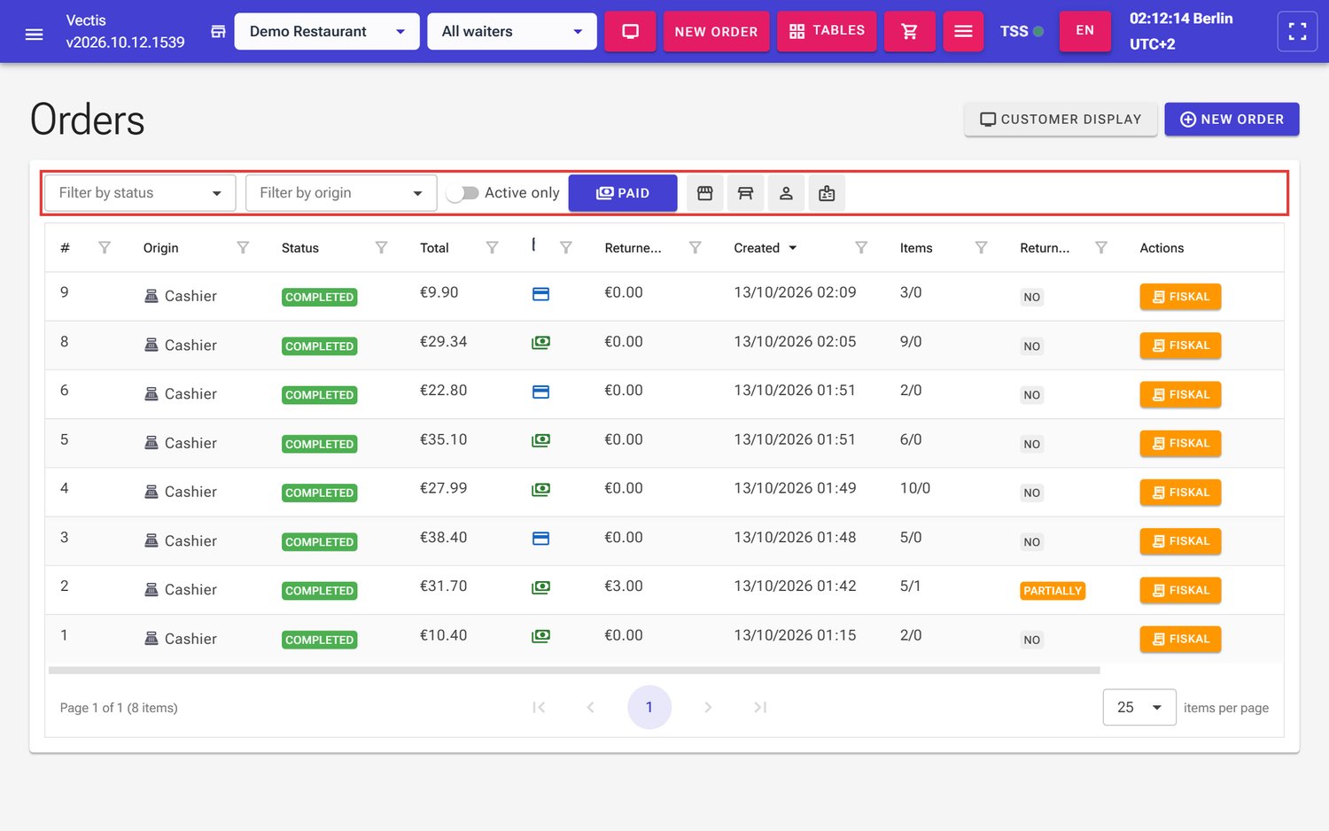 Order list with the filter bar (outlined in red)