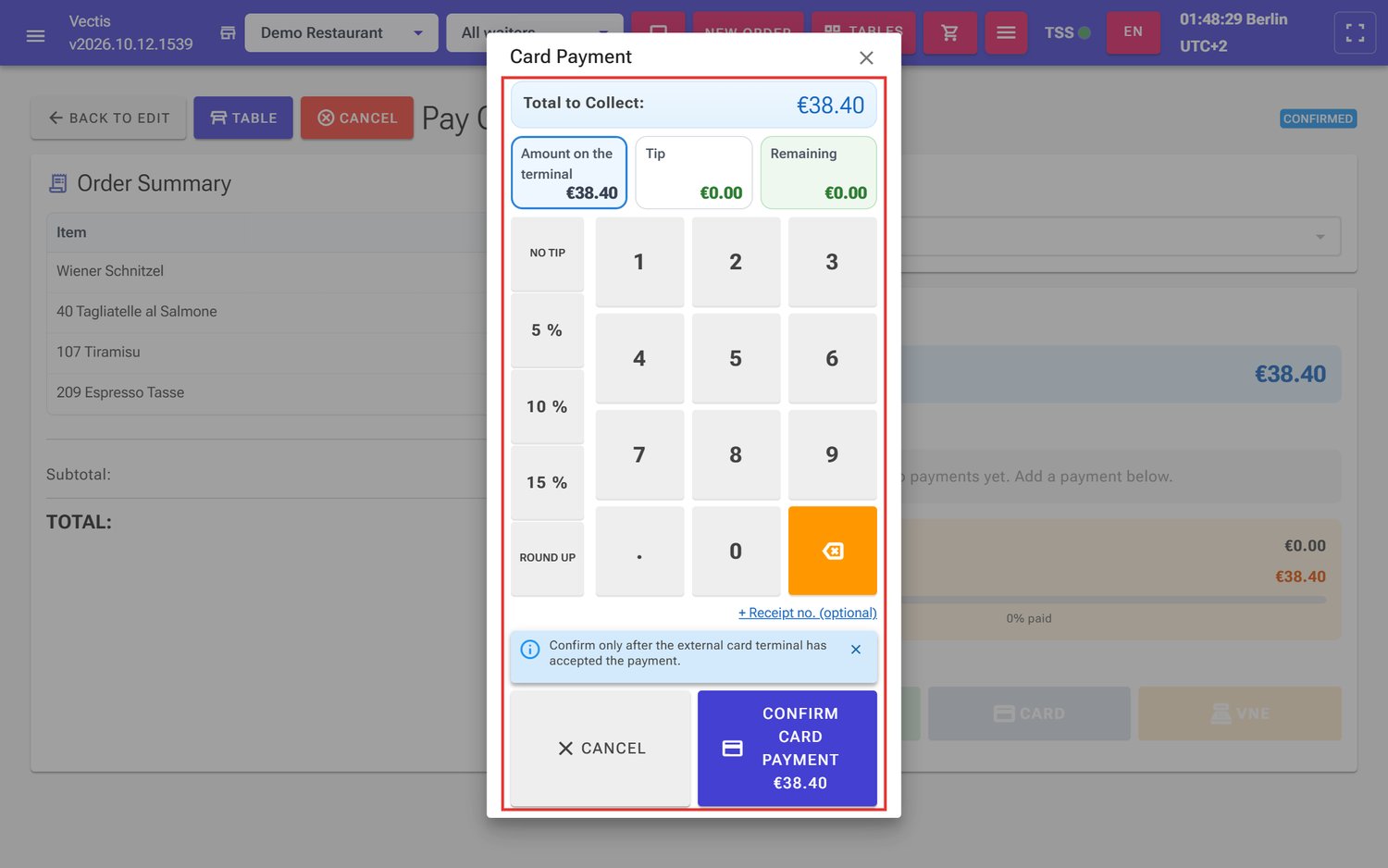 Card Payment window for €38.40, no tip yet