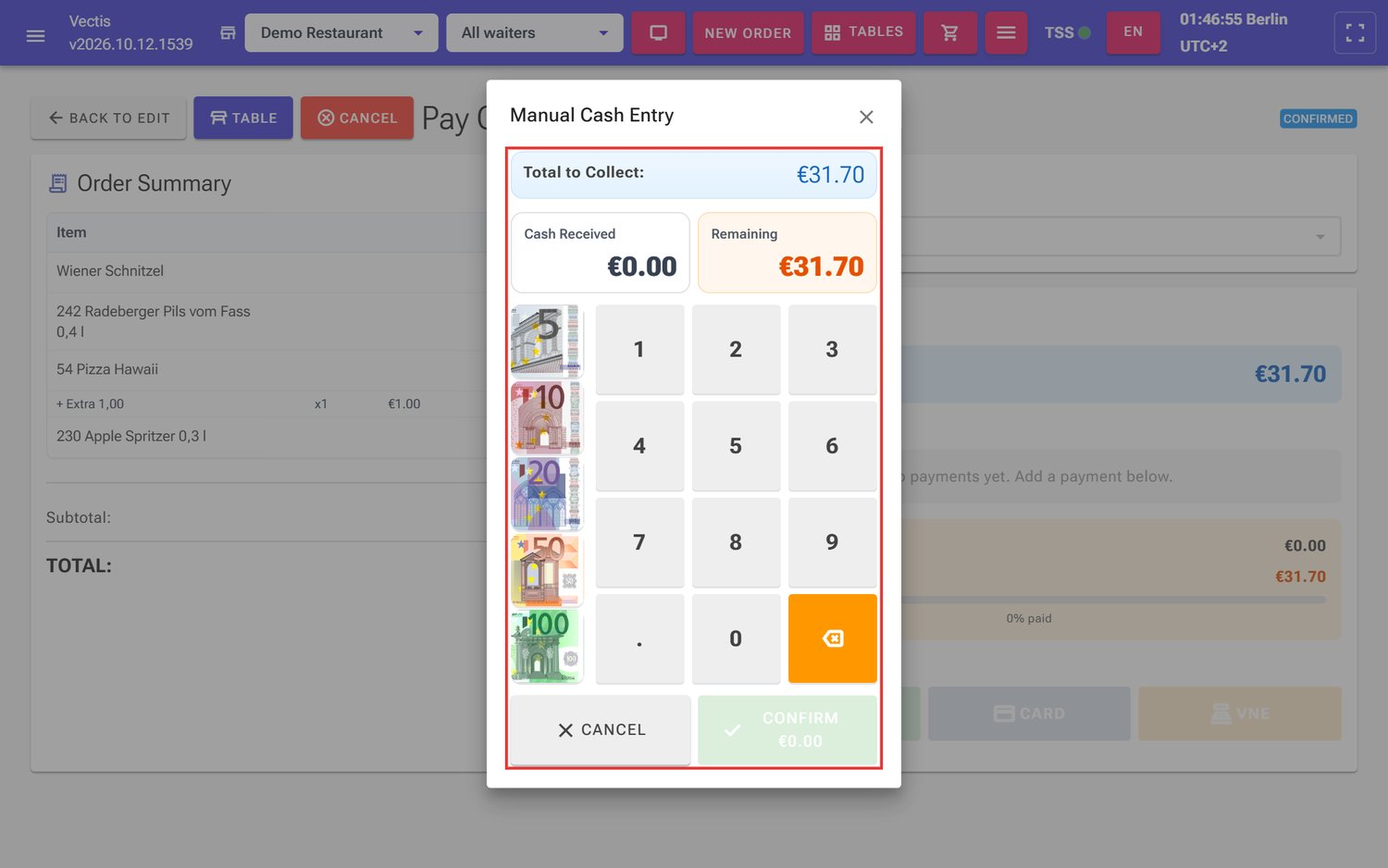 Manual Cash Entry window, no amount entered yet