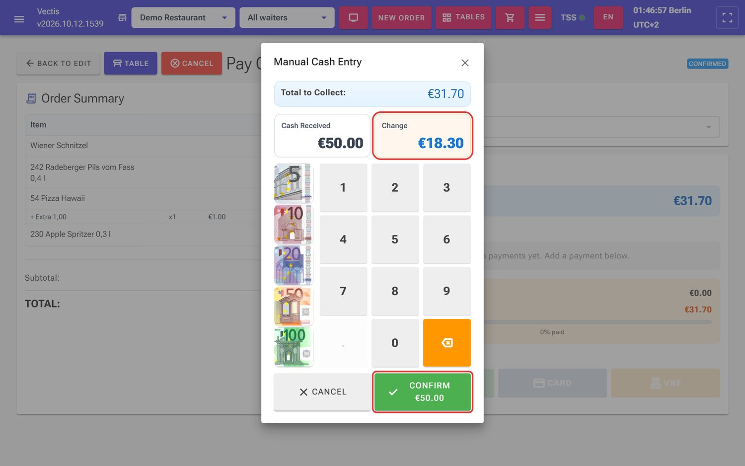 €50 received, change €18.30 (outlined in red)