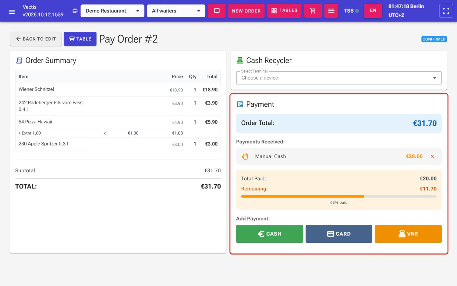 Partial cash payment of €20, €11.70 still open