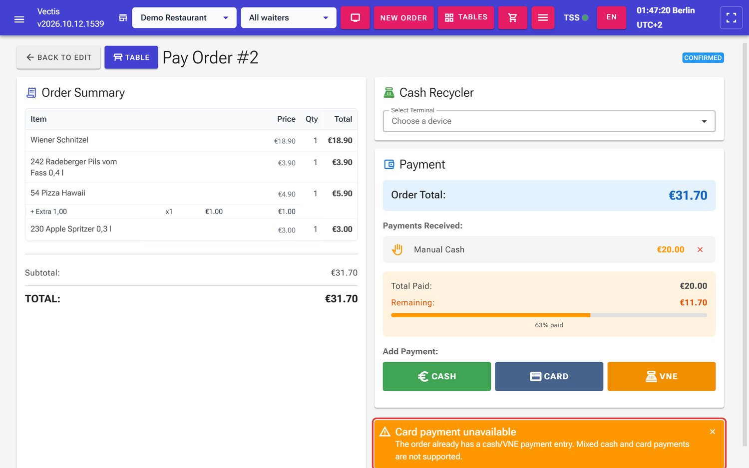 Card payment unavailable notice after a €20 partial cash payment