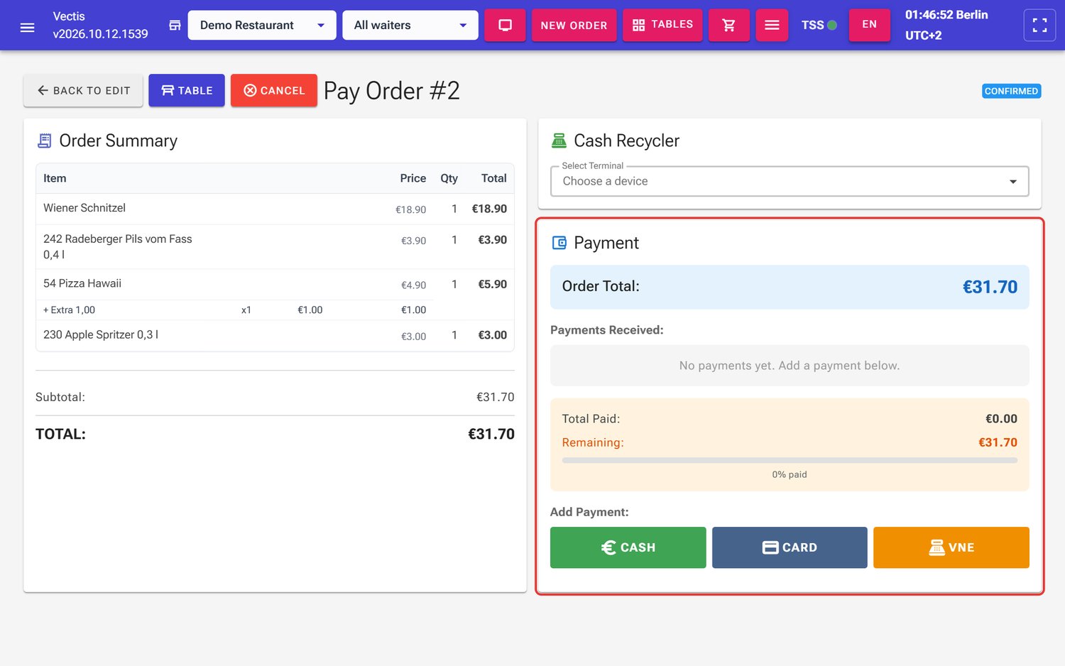 Payment page of order #2 (€31.70), no payment recorded yet