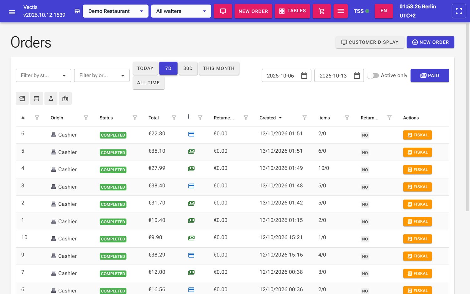 Orders list with the Fiskal button in every row