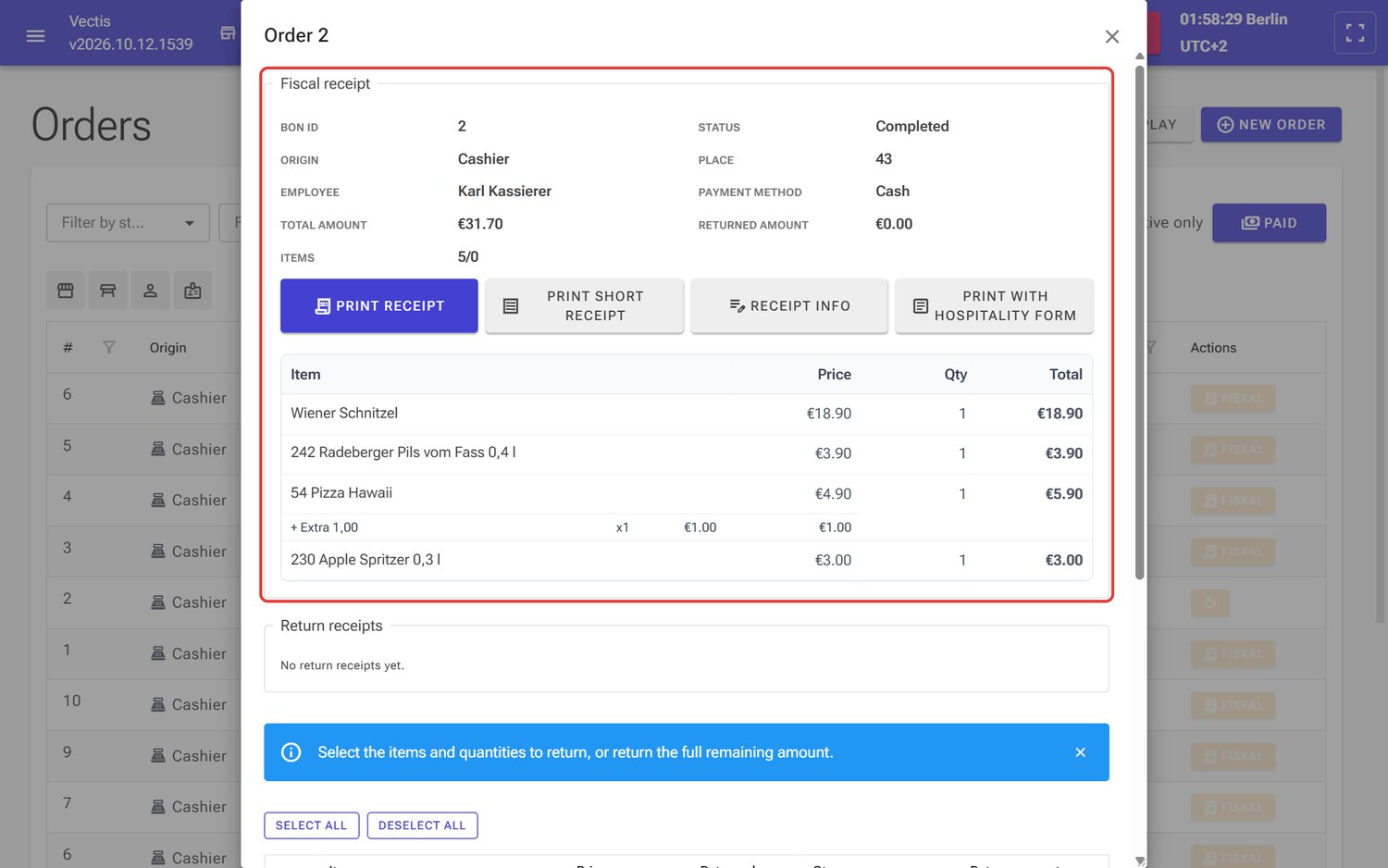 Order 2 window with the Fiscal receipt section and the print buttons