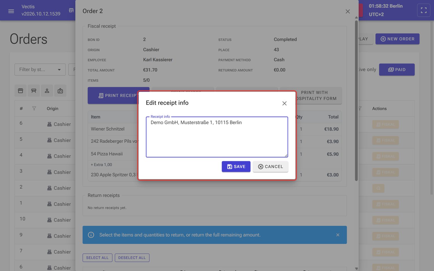Edit receipt info window with a sample address
