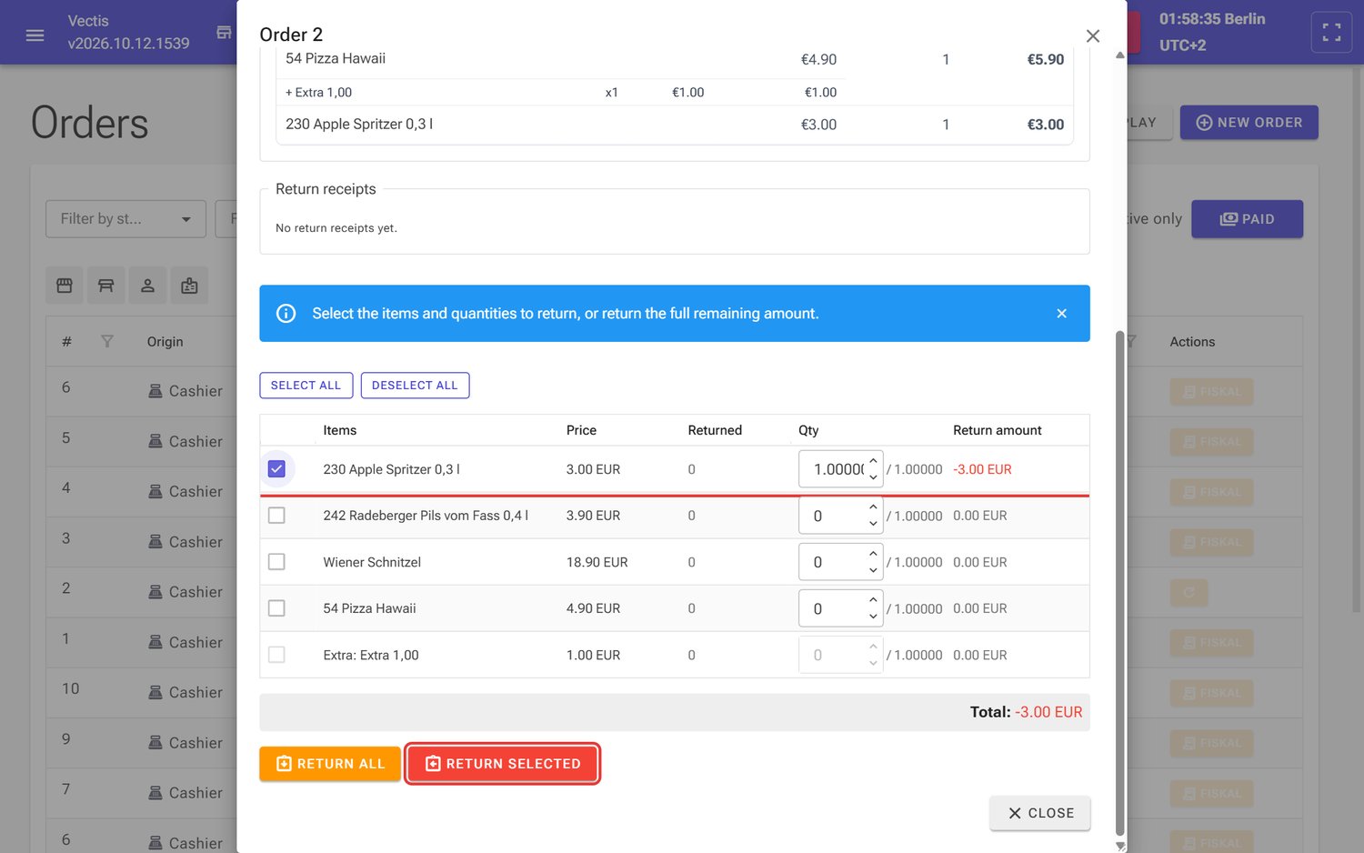 Apple Spritzer selected for return, total −3.00 EUR, Return selected button (outlined in red)