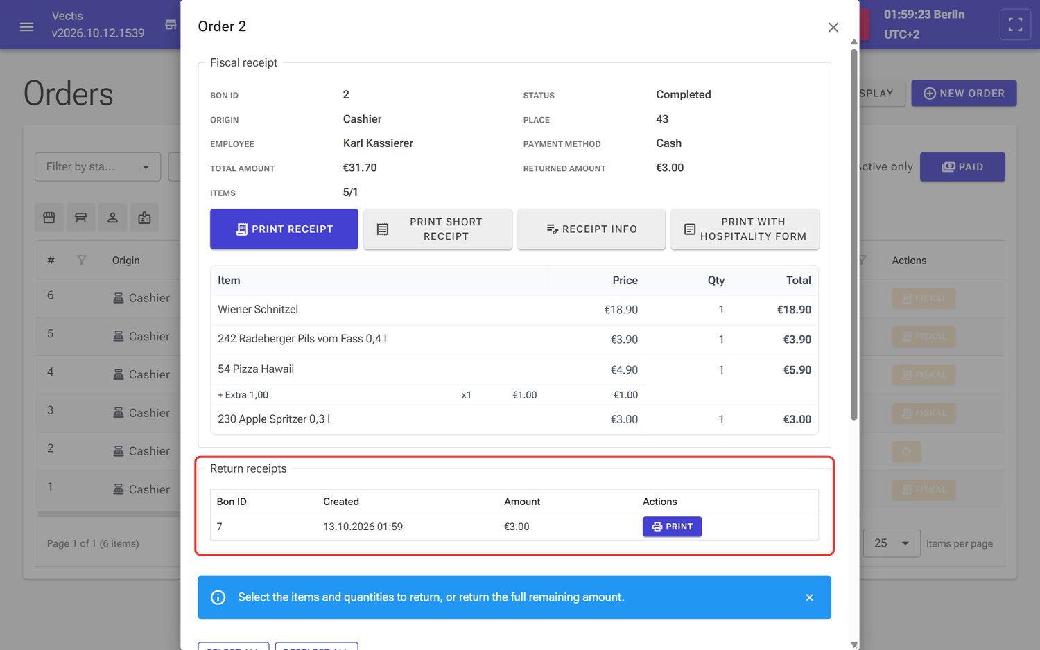 Return receipt Bon ID 7 for €3.00 in the Return receipts list