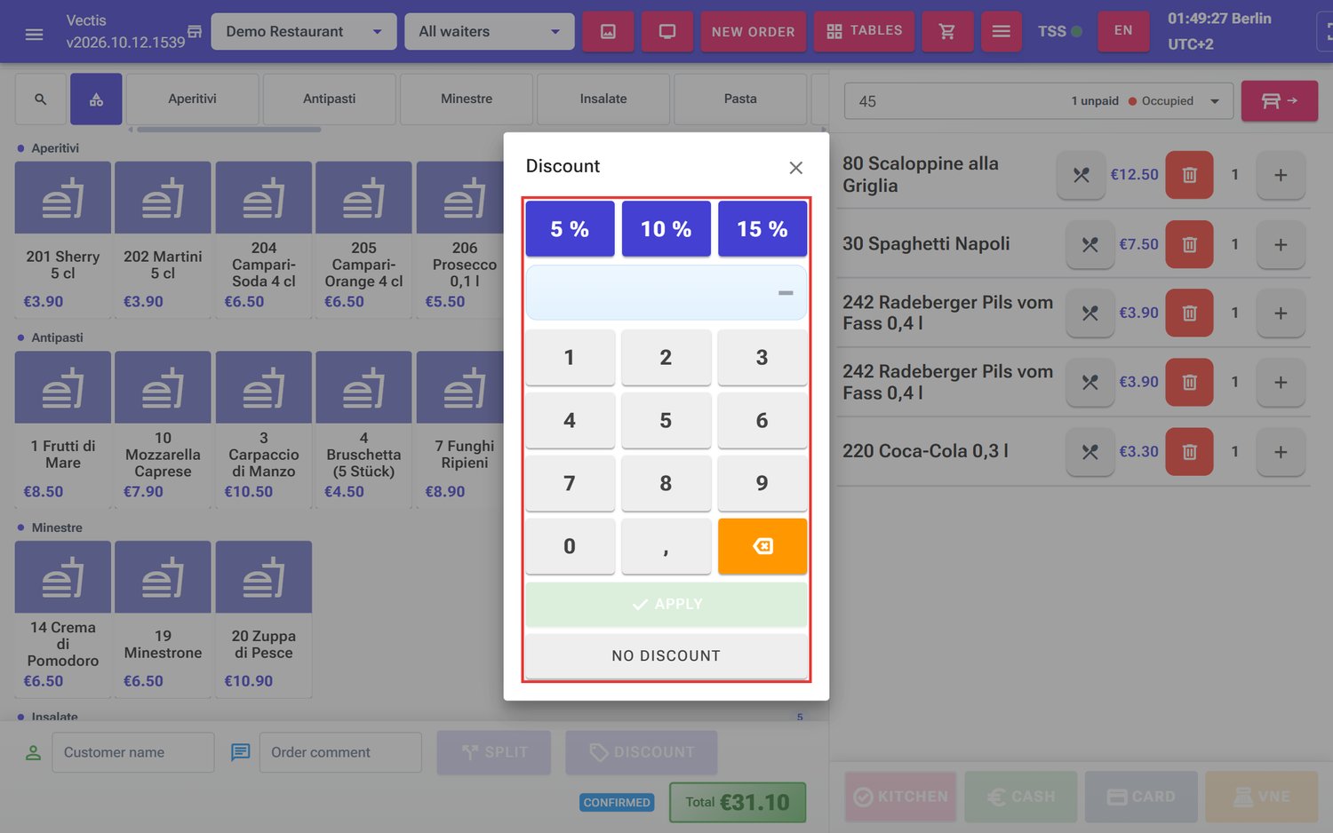 Discount window with quick buttons, keypad, Apply and No discount