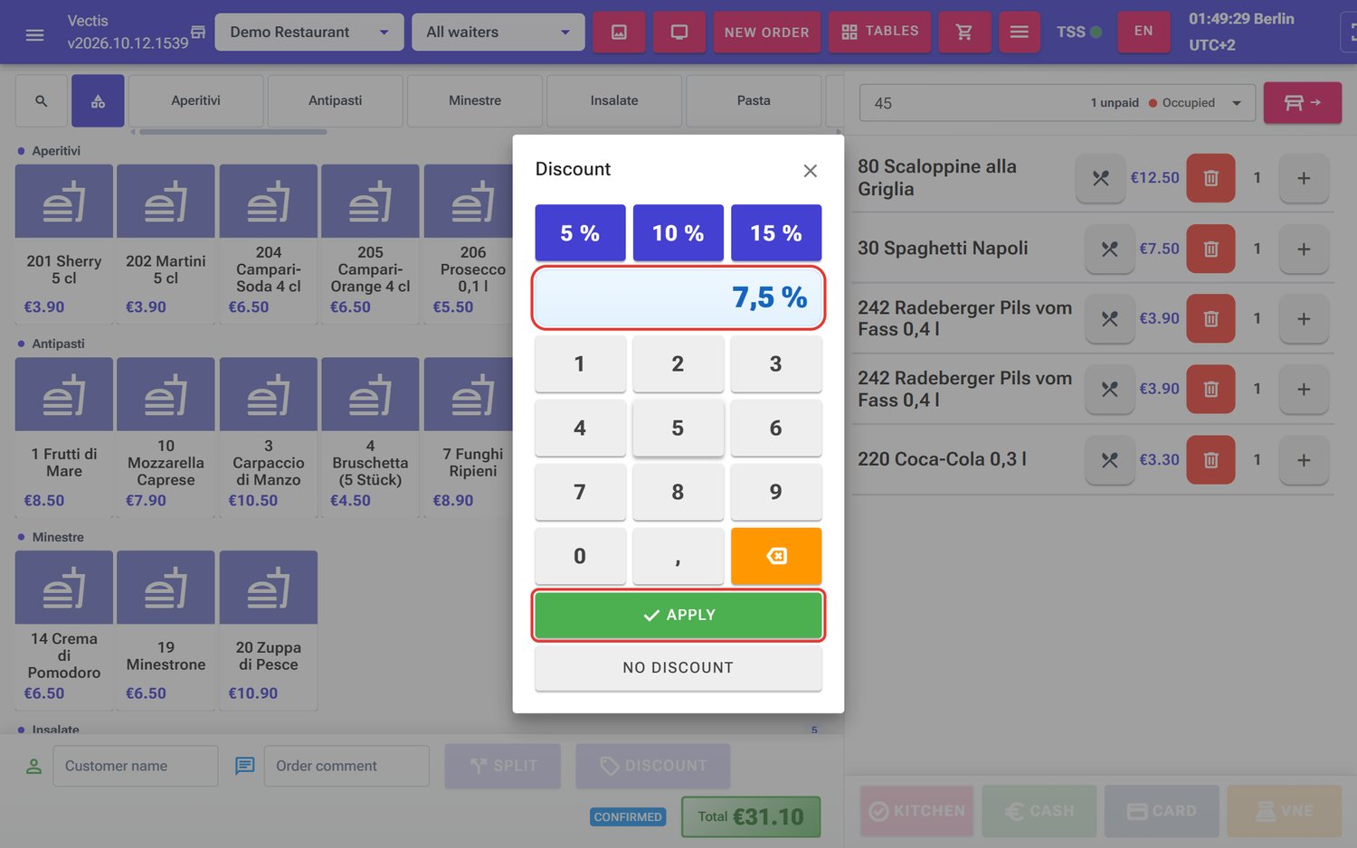 Entering 7.5 % on the keypad, Apply is now green
