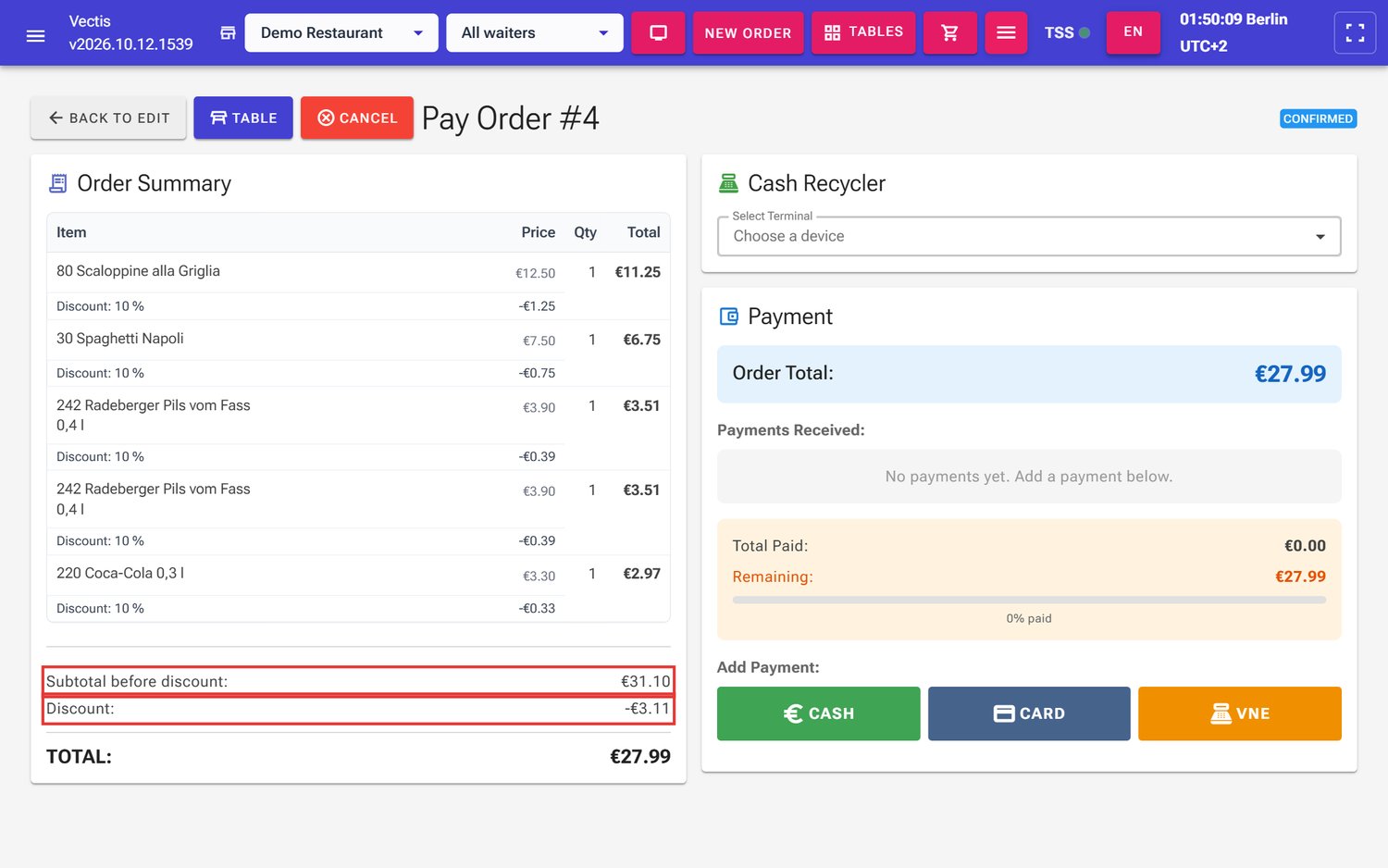 Payment page with "Subtotal before discount" and "Discount" (outlined in red) and TOTAL €27.99