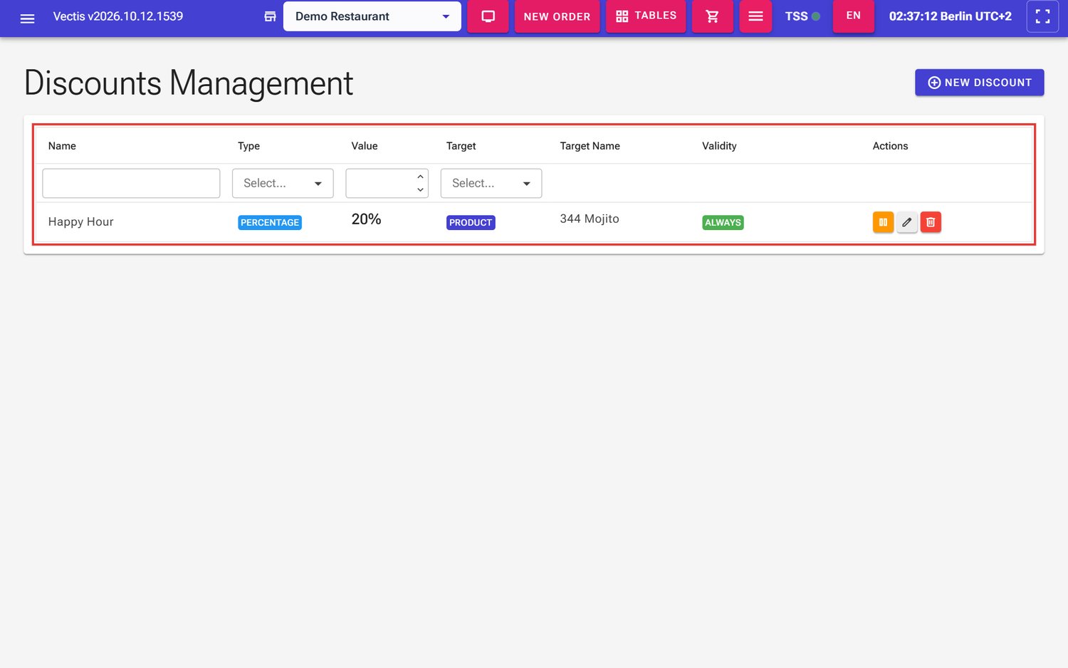 Discounts Management page with the promotion "Happy Hour" (20 %, 344 Mojito, Always)