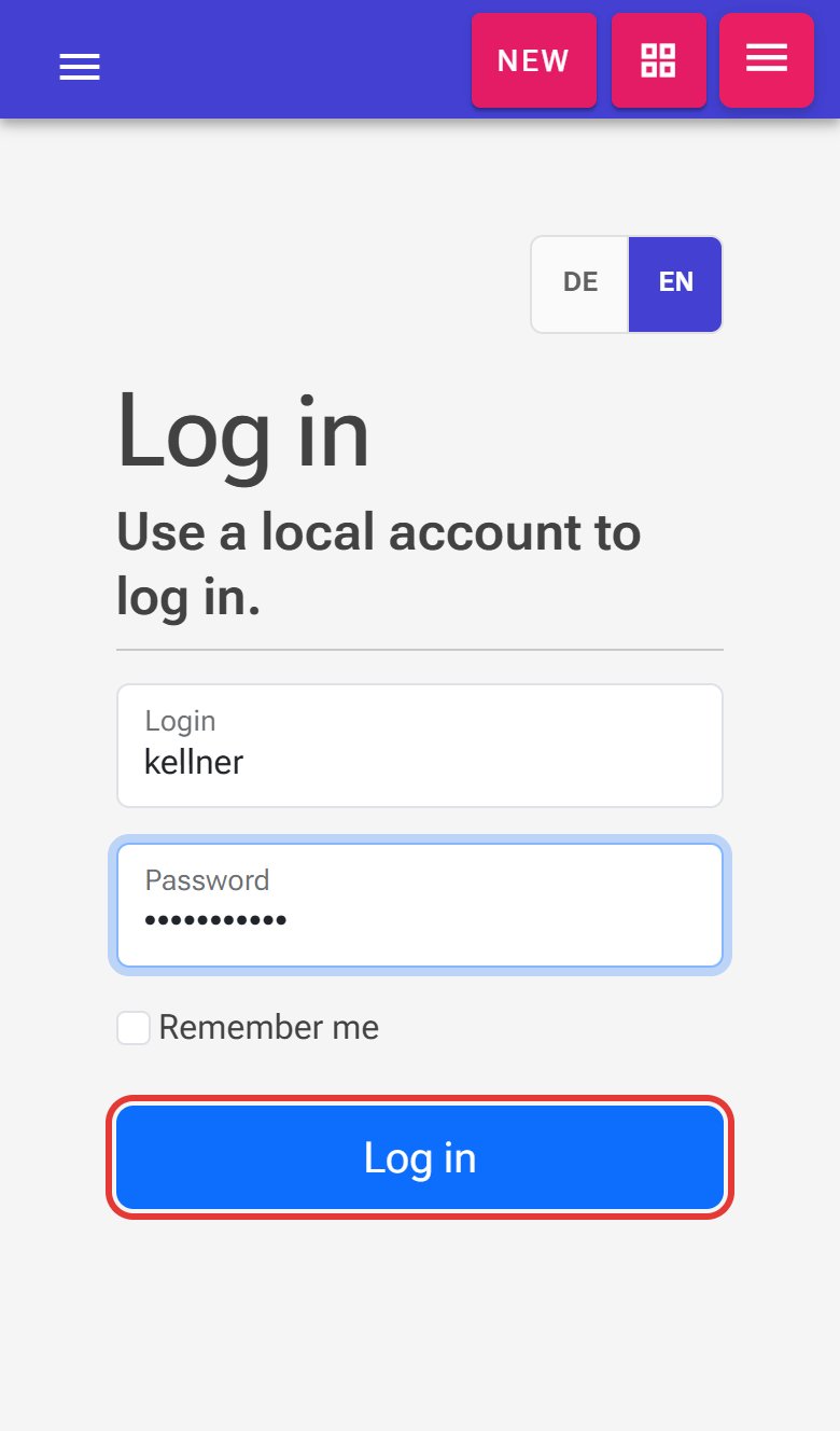 Logging in on the phone as «kellner», Log in button (outlined in red)