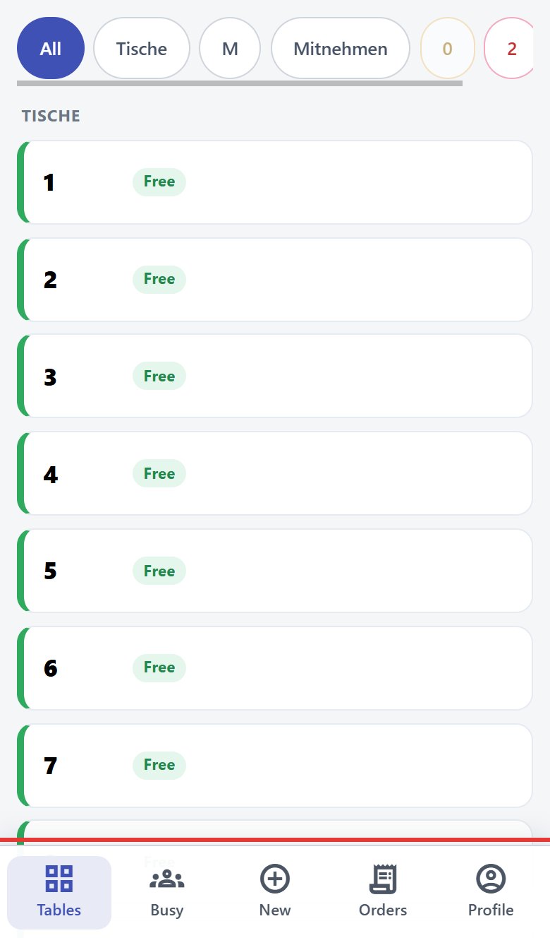 Table list on the phone with area filters at the top and the navigation bar at the bottom