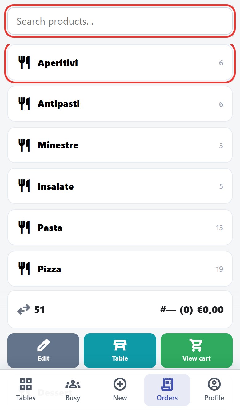 Categories with the search field and the category «Aperitivi» (outlined in red)