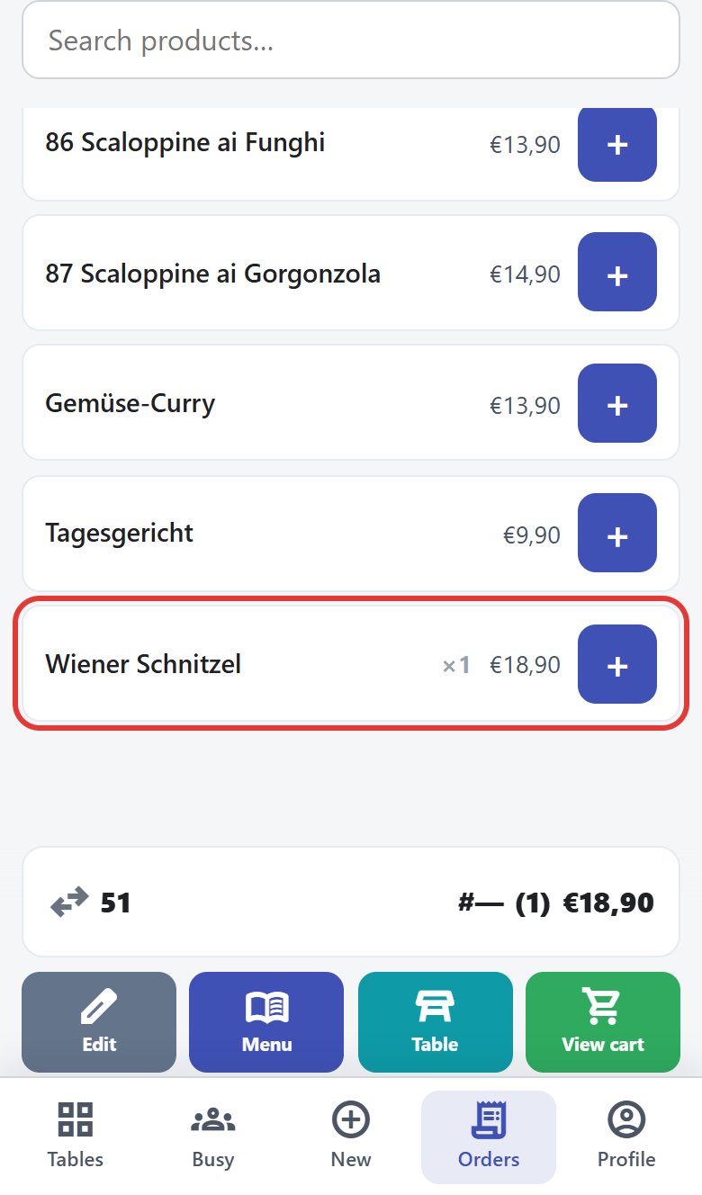 Product list: Wiener Schnitzel ×1 added, total €18.90