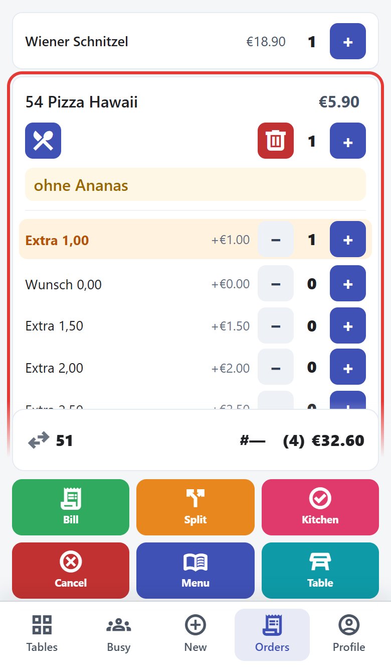 Cart: 54 Pizza Hawaii with the note «ohne Ananas» and Extra 1,00