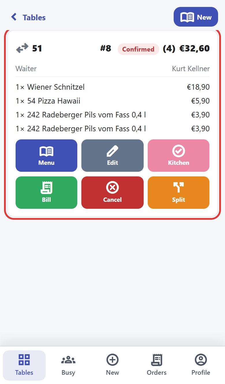 Table 51 with order #8: Confirmed, 4 items, €32.60