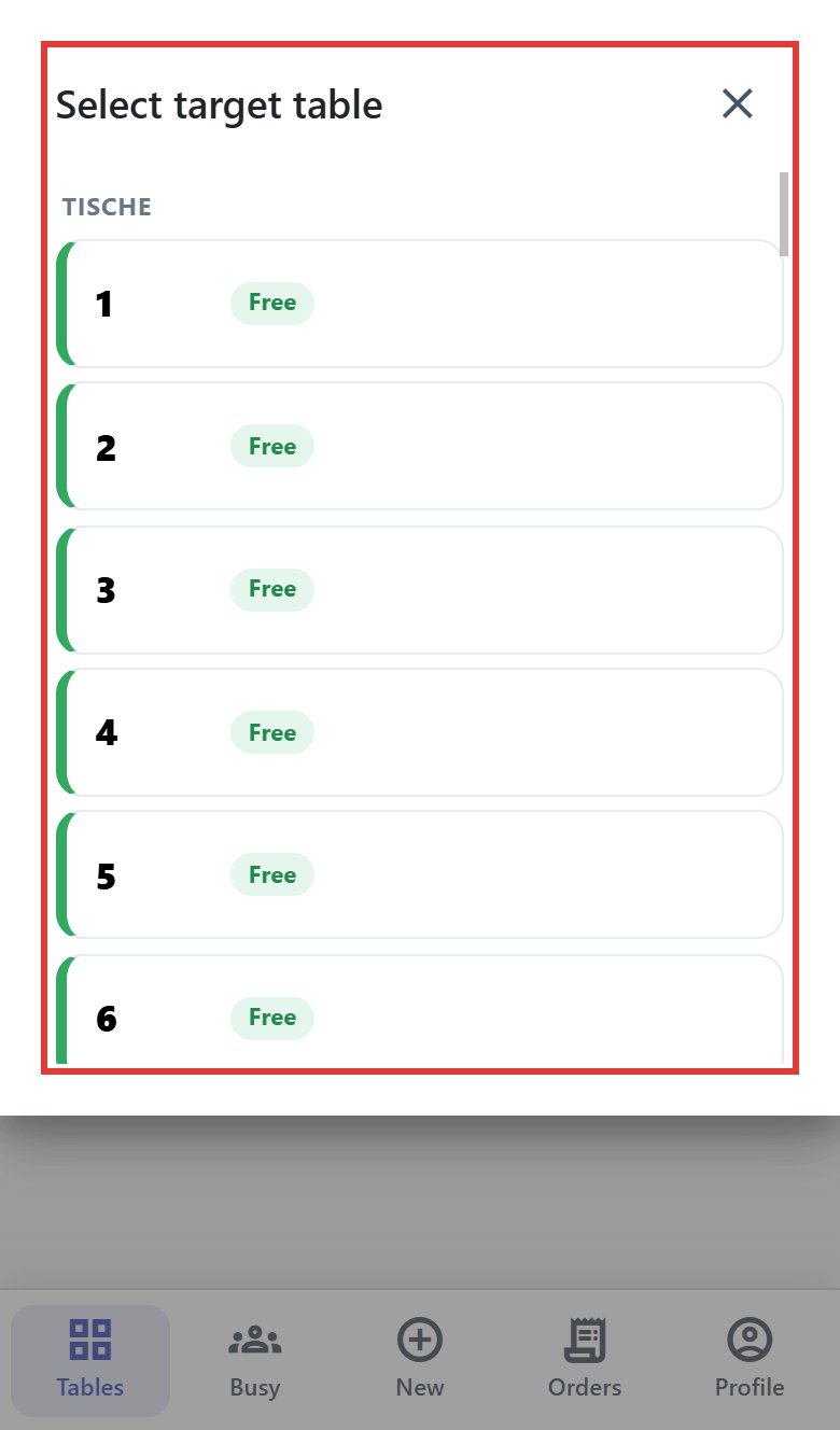 Select target table dialog with the tables of the «Tische» area