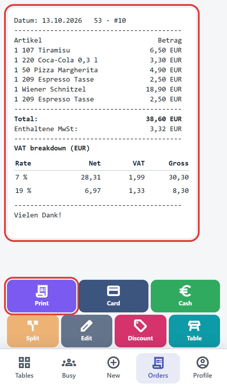 Bill for table 51, order #8 for €32.60, Print button (outlined in red)