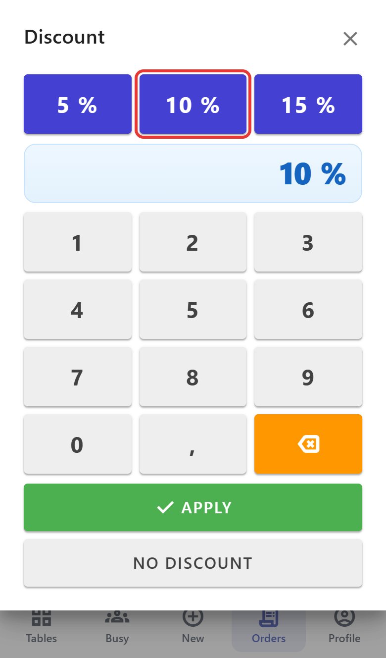 Discount window with the quick buttons 5 %, 10 % (outlined in red) and 15 %