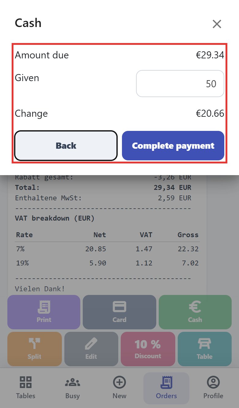 Cash window: due €29.34, given 50, change €20.66