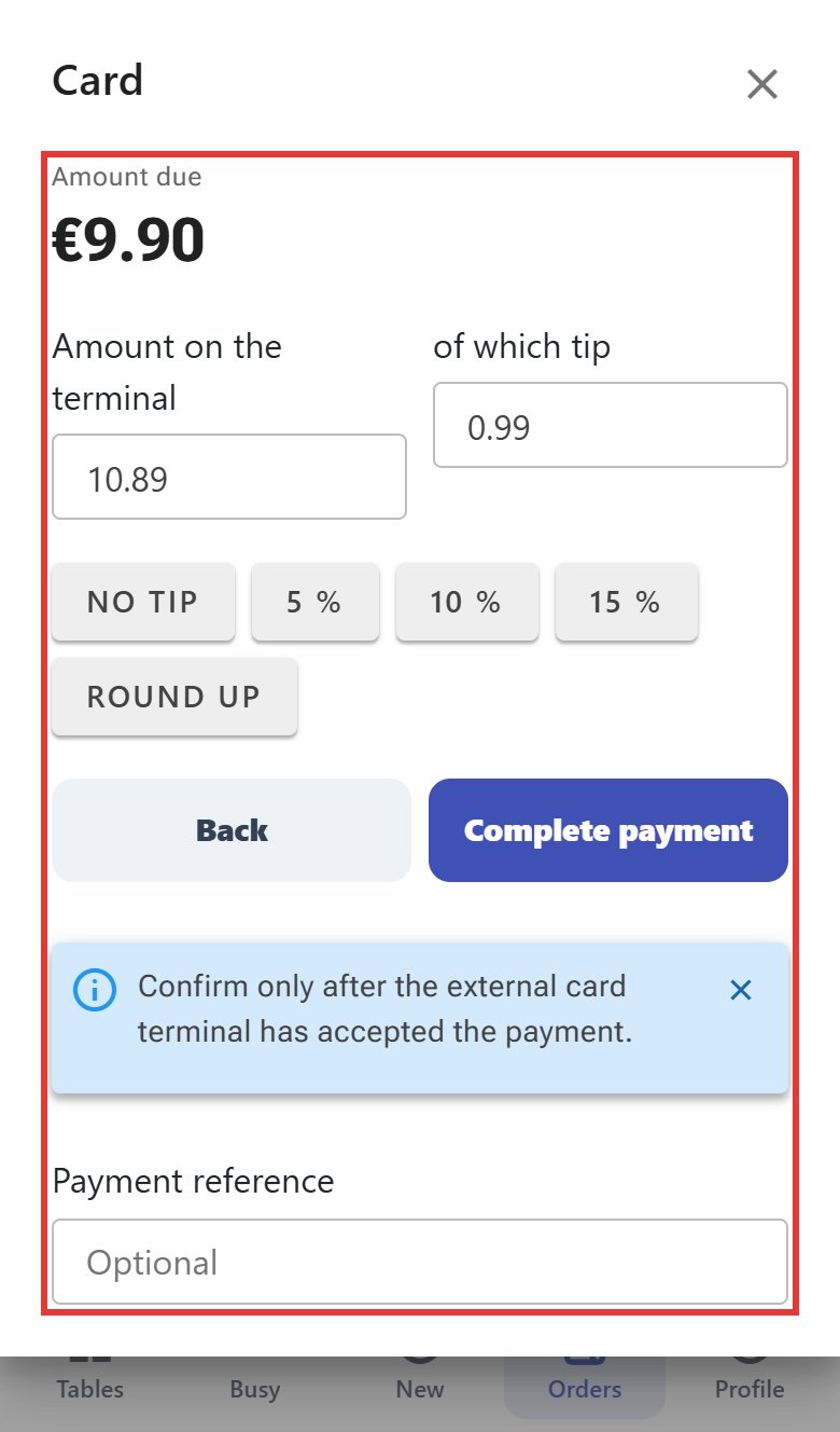 Card window: due €9.90, amount on the terminal 10.89, of which tip 0.99