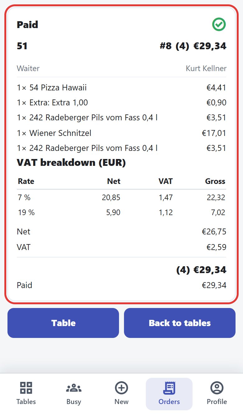 Paid: table 51, order #8, €29.34