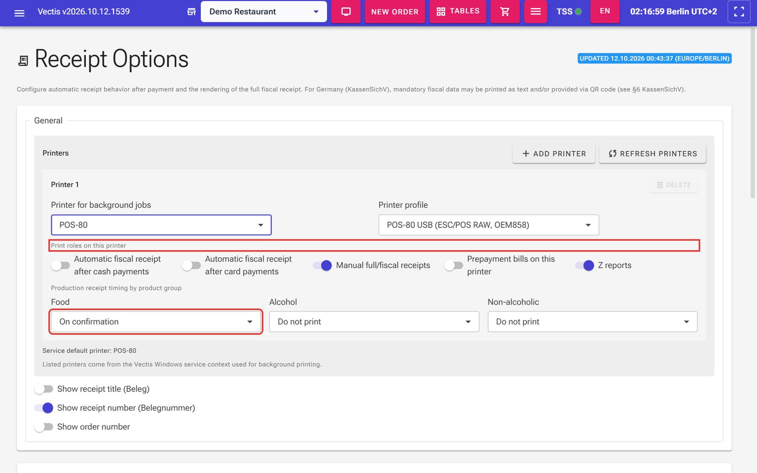 Print roles (outlined in red) and kitchen ticket timing; here Food is set to On confirmation