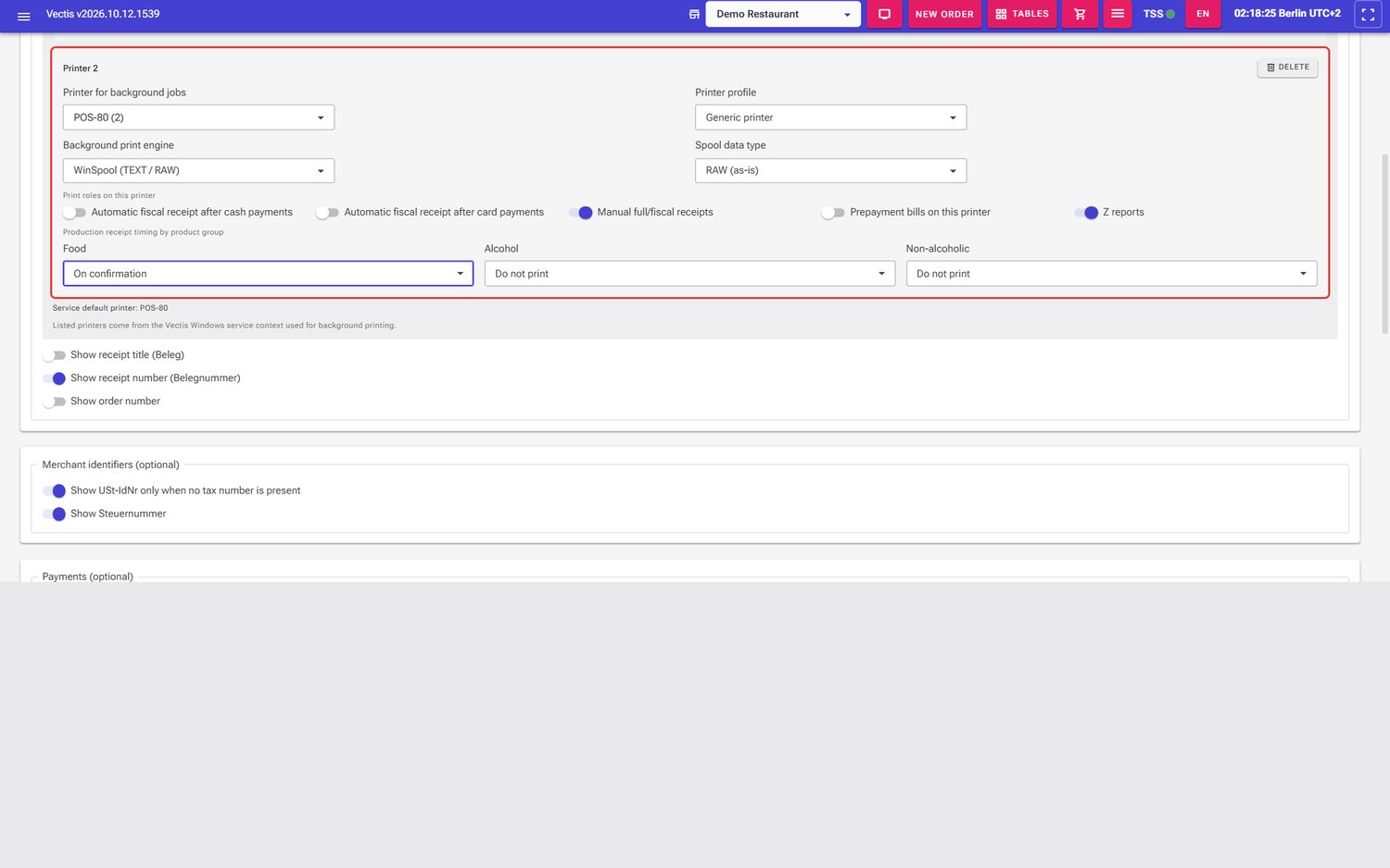 Printer card with the Generic printer profile: extra fields Background print engine and Spool data type