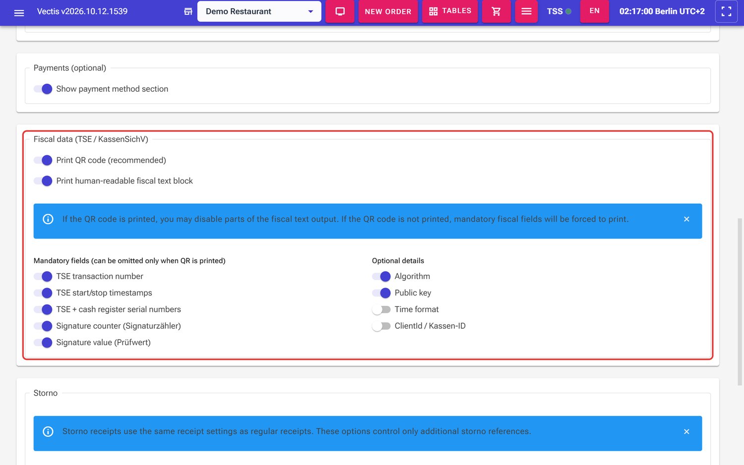Fiscal data (TSE / KassenSichV) section with mandatory fields and optional details