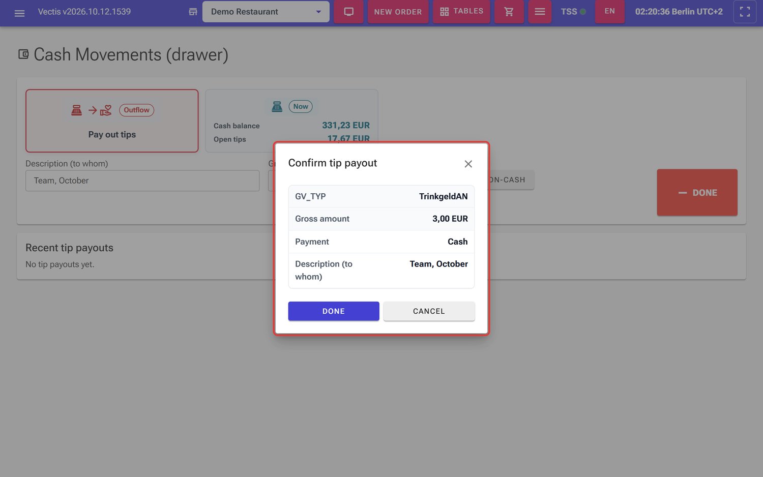 Confirm tip payout window: TrinkgeldAN, 3.00 EUR, cash, "Team, October"
