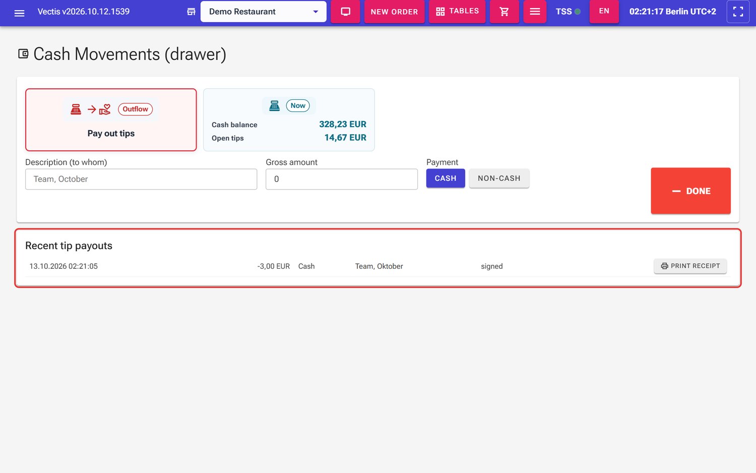 New row under Recent tip payouts (−3,00 EUR, Cash, signed, Print receipt)