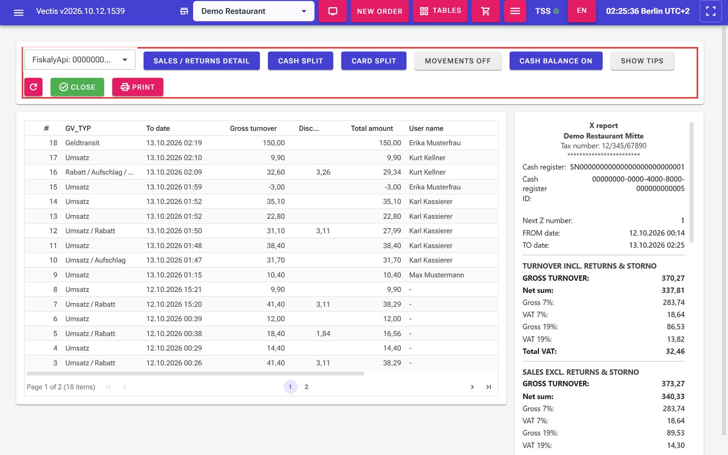 X report for a manager: button bar (outlined in red), receipt list on the left, preview on the right