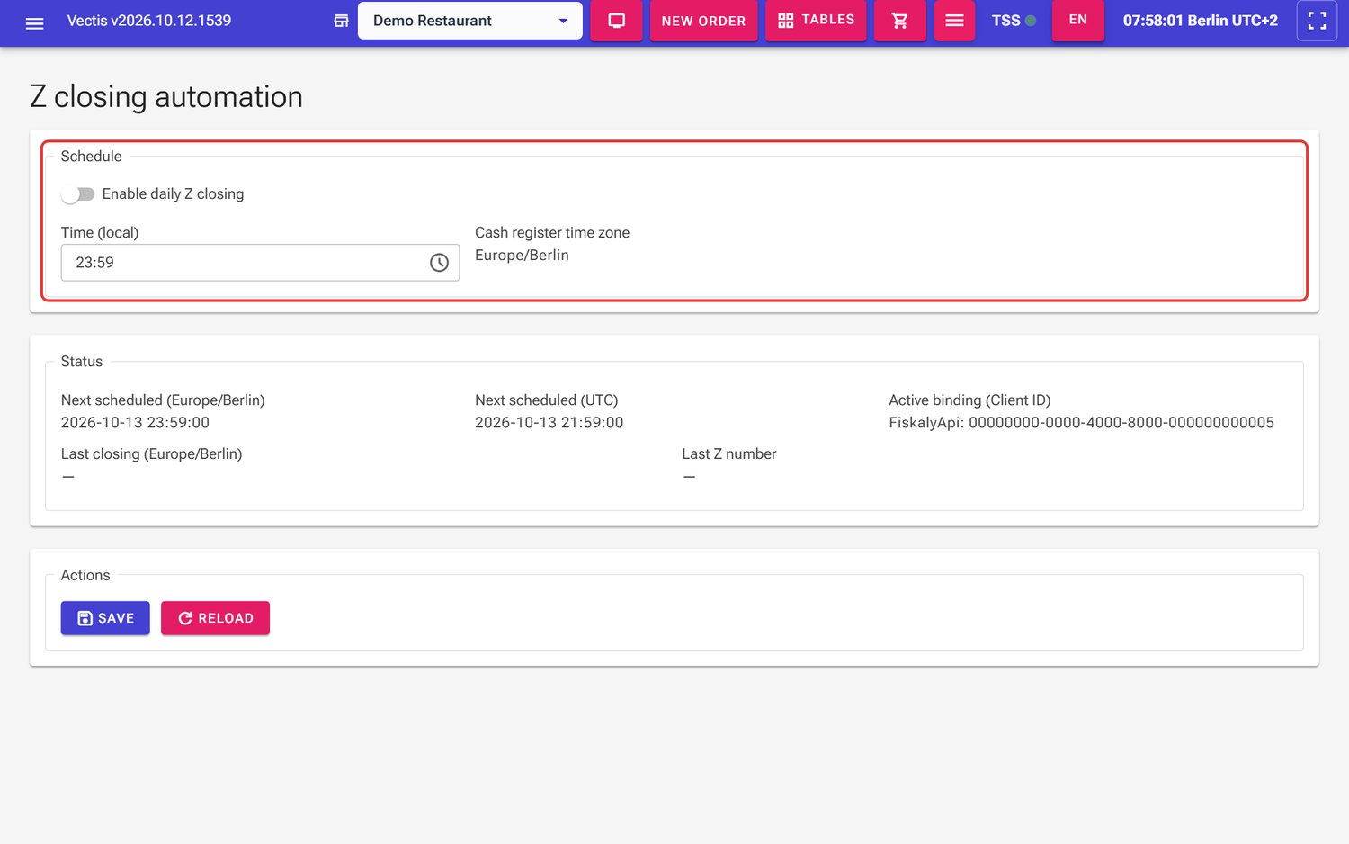 Z closing automation page: Schedule section (outlined in red), still switched off, time 23:59