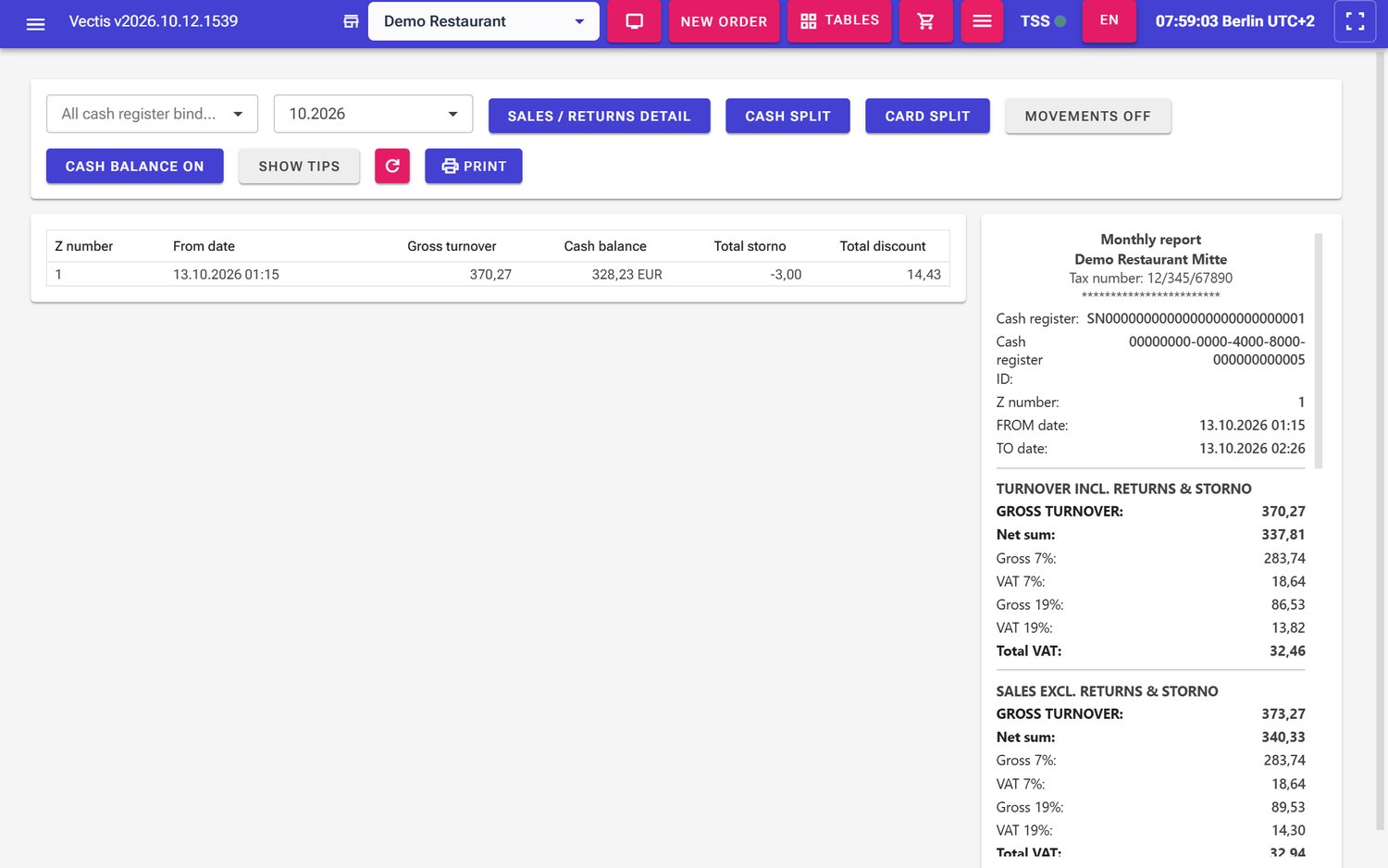 Z monthly report for 10.2026 with Z closing 1 and the monthly report on the right
