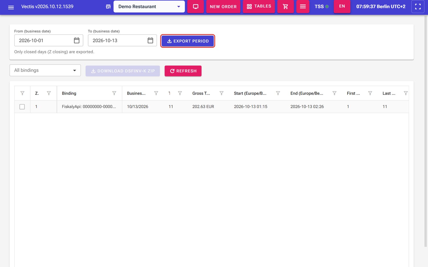 DSFinV-K export page with the period and the Export period button (outlined in red)