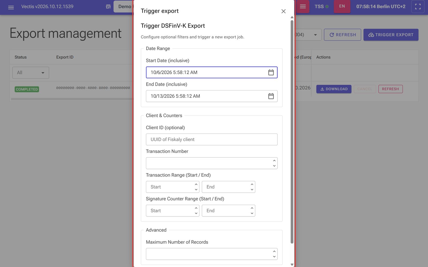 Trigger export window with Date Range, Client & Counters and Advanced