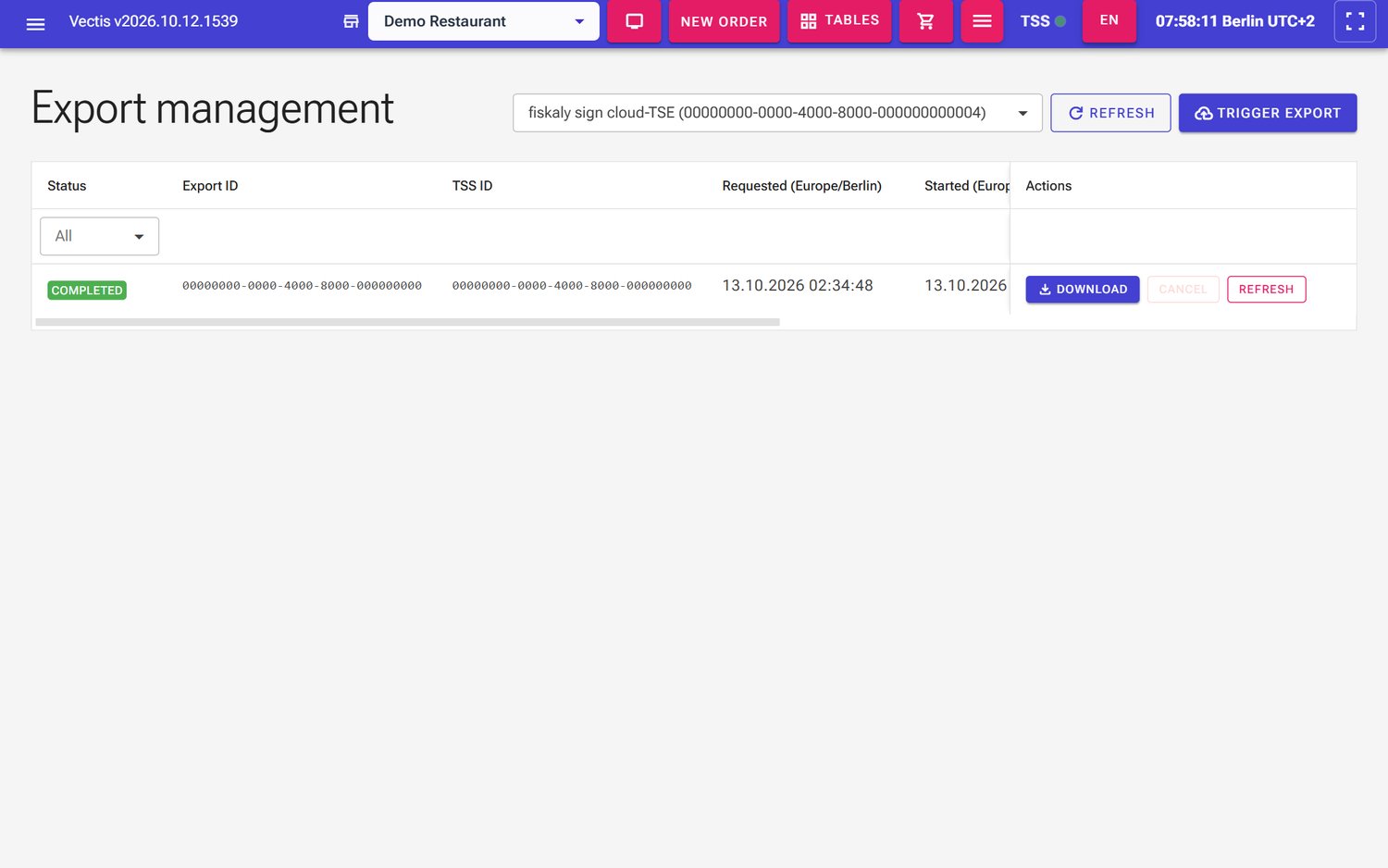Export management: export with status COMPLETED and the Download, Cancel (disabled) and Refresh buttons