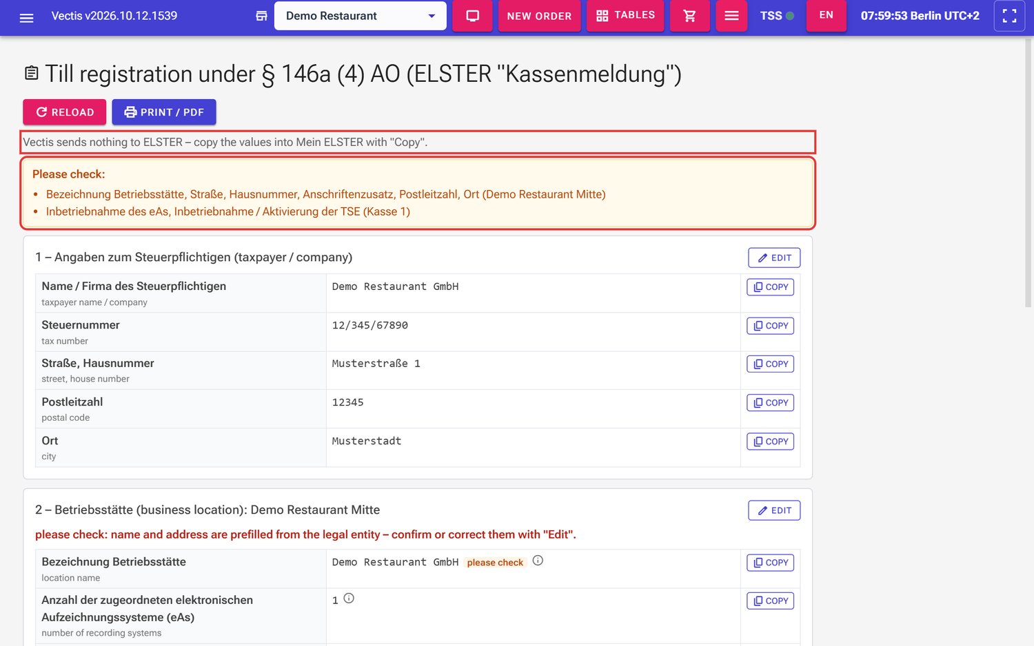 Till registration page: note "Vectis sends nothing to ELSTER" and the Please check box (outlined in red)