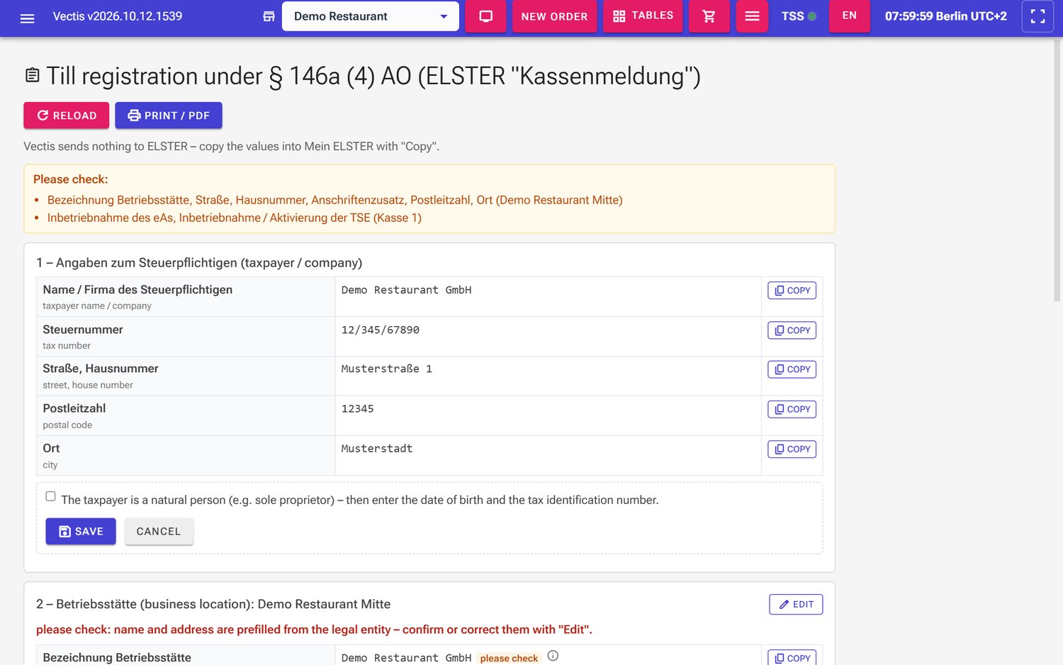 Section 1 (taxpayer) after Edit: "natural person" tick box, Save and Cancel
